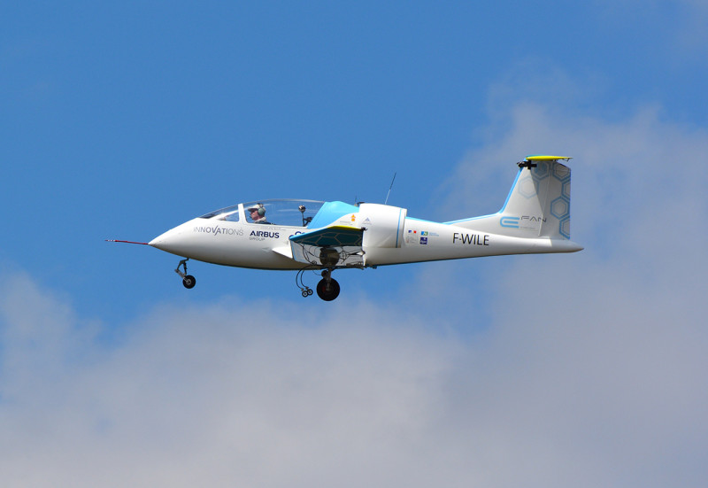 The Airbus E-Fan flight demonstrator takes to the skies at the Farnborough International Air Show 2014.